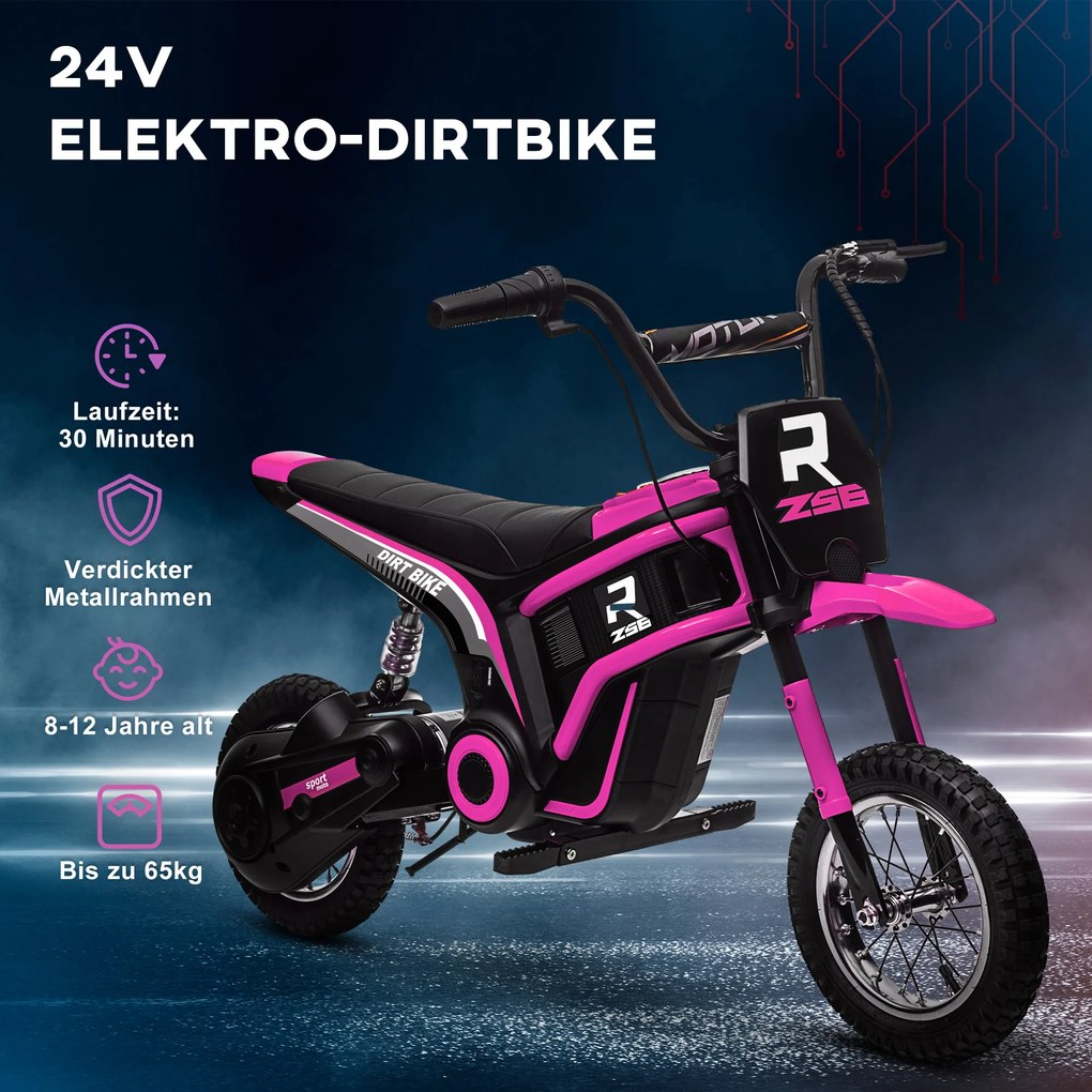 HOMCOM Elektryczny Motocykl dla Dzieci, 24V z Klaksonem, Światłem, Dźwignią Gazu, 8-16 km/h, 8-12 lat, Różowy