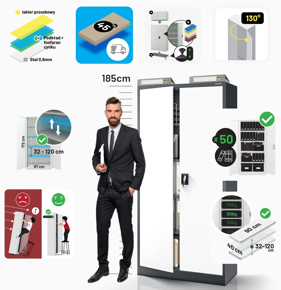 Biurowa szafa metalowa na akta JAN, 900 x 1850 x 400 mm, antracytowo-biała