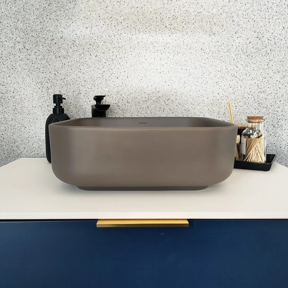 Umywalka ceramiczna nablatowa kwadratowa brązowa bez otworu na baterię 39 x 39 cm ALIZMA z rantem typu Slim