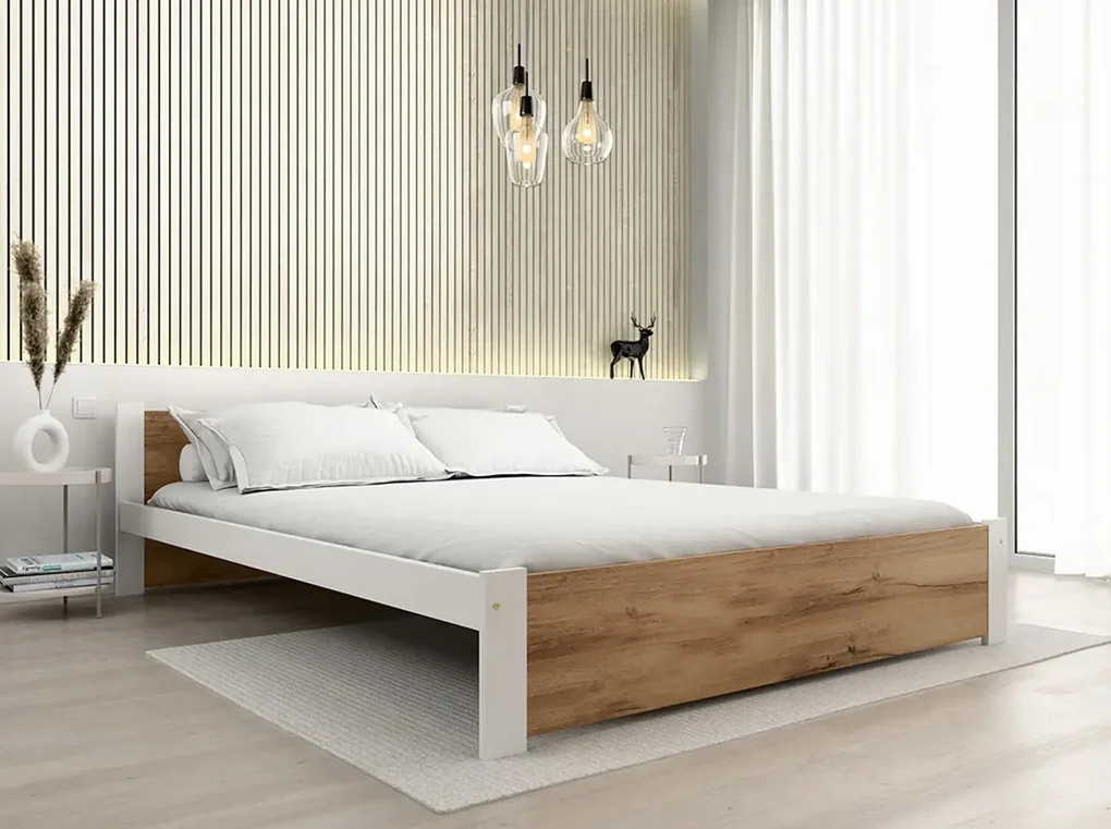 Łóżko IKAROS 160 x 200 cm, dąb artisan/biały Stelaż: Ze stelażem listwowym elastycznym, Materac: Materac Deluxe 10 cm