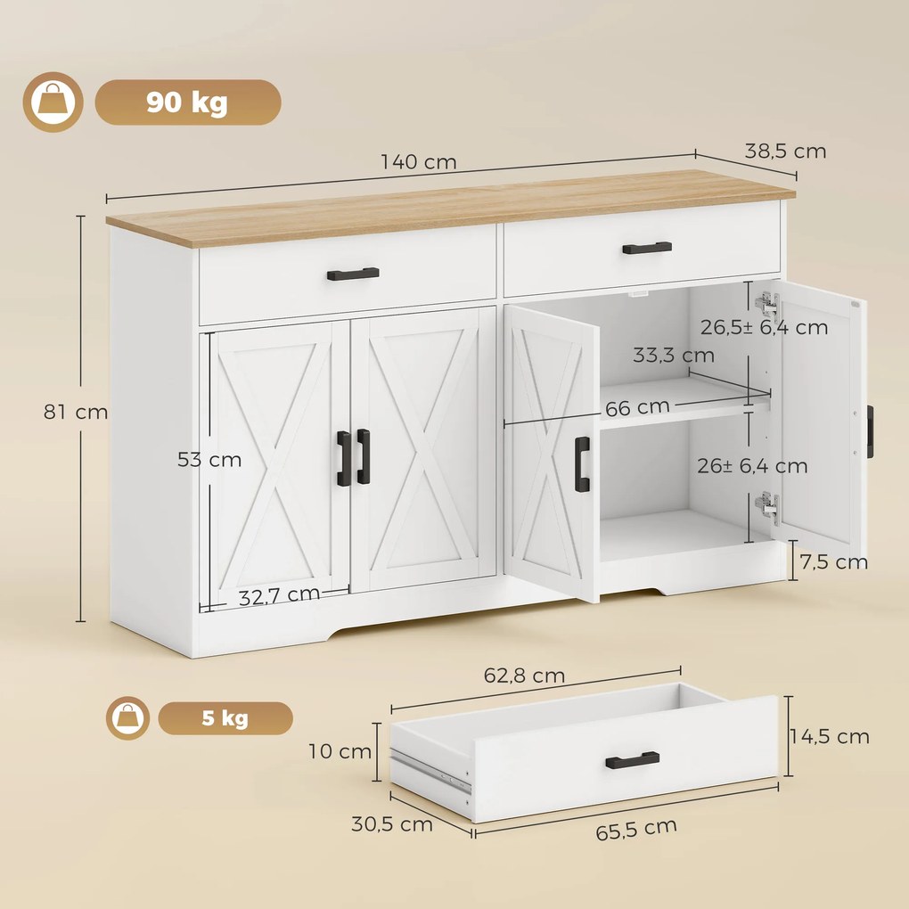HOMCOM Komoda bufetowa, 140 cm szafka kuchenna w stylu wiejskim z 2 szufladami i 2 szafkami, biały | Aosom PL