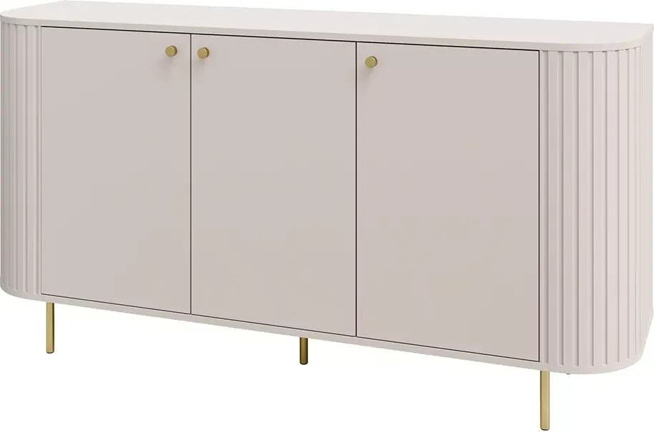 Komoda Opunio 3-drzwiowa z półkami – nowoczesna komoda do salonu beż piaskowy / dąb cremona / dąb dunin, metalowe nogi