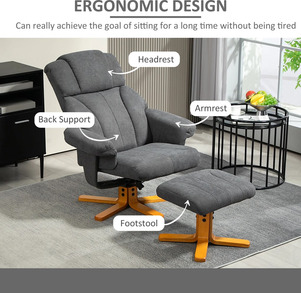 HOMCOM Regulowany fotel z pufą z wysokim oparciem i drewnianą ramą do salonu, sypialni, Ciemnoszary