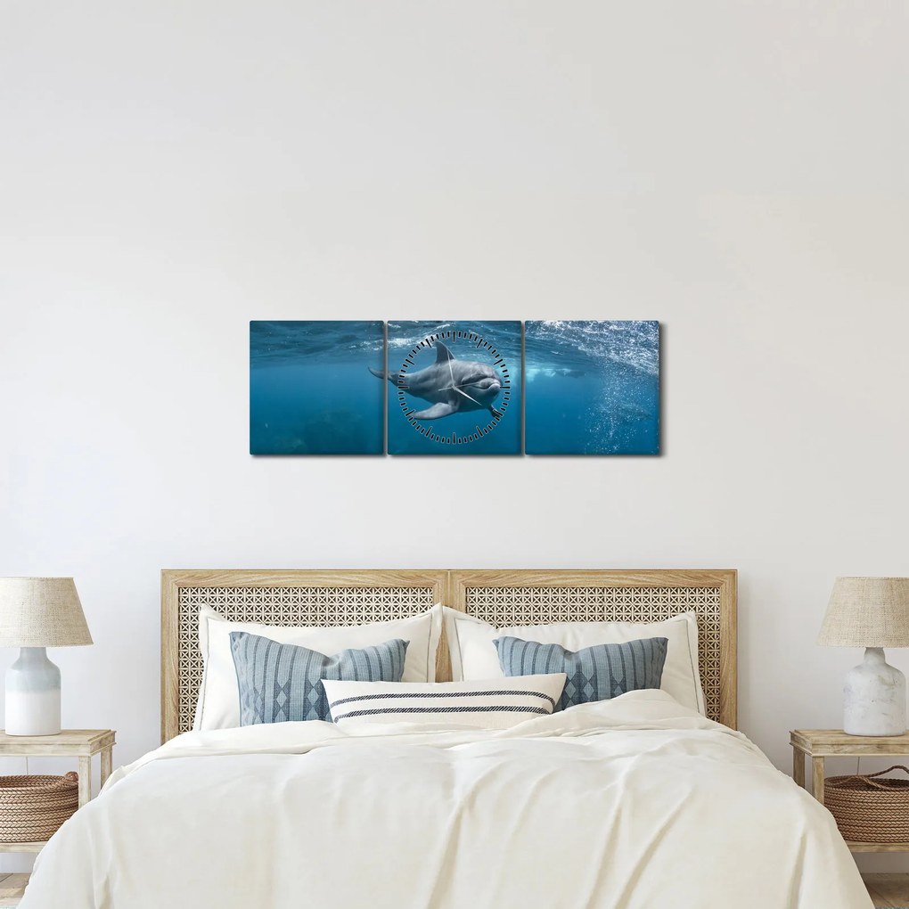 Obraz - Delfin pod wodą (z zegarem) (90x30 cm)