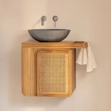 Zestaw Wiszących Mebli Łazienkowych Z Drewna Tekowego Georgy Drewno Tekowe & Okrągły Szary Cement Ø40 Cm - Sklum