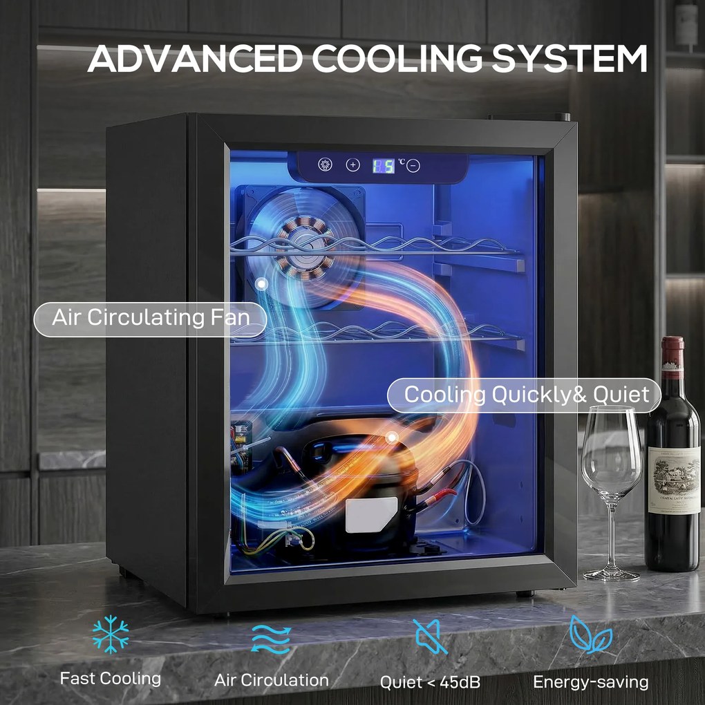 HOMCOM Chłodziarka do wina na 16 butelek, 48 L pojemności, temperatura 4–16°C, podblatowa lodówka na napoje i piwo, z szklanymi drzwiami i LED światłem | Aosom PL
