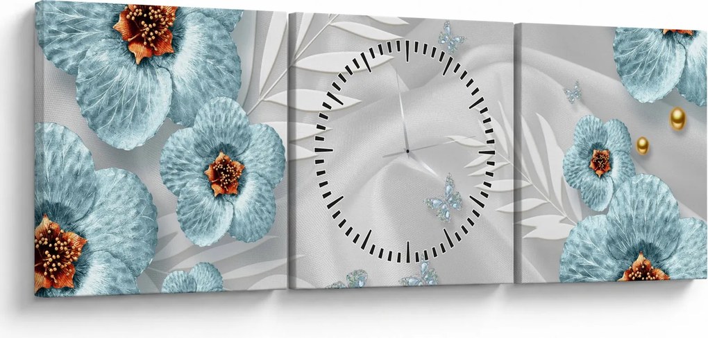 Obraz - 3D niebieskie kwiaty (z zegarem) (90x30 cm)