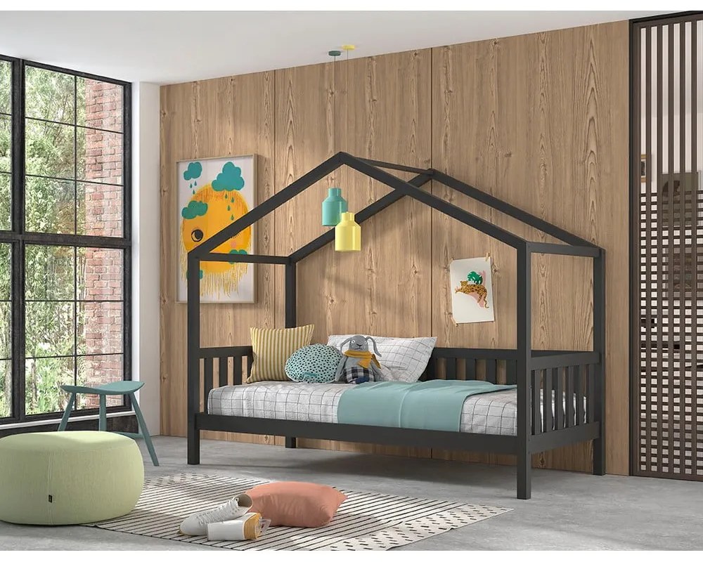 Antracytowe łóżko dziecięce w kształcie domku z litego drewna sosnowego 90x200 cm DALLAS – Vipack