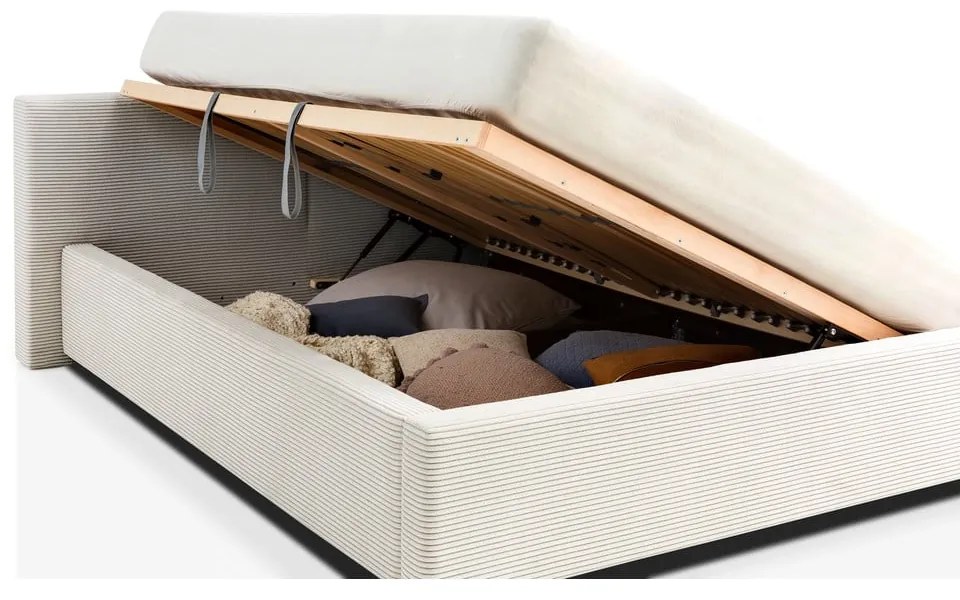 Beżowe tapicerowane łóżko dwuosobowe ze schowkiem ze stelażem 140x200 cm Cube – Meise Möbel