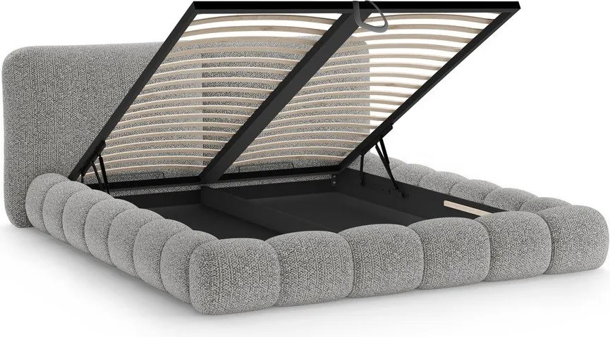 Szare tapicerowane łóżko dwuosobowe ze schowkiem ze stelażem 160x200 cm Solange – Micadoni