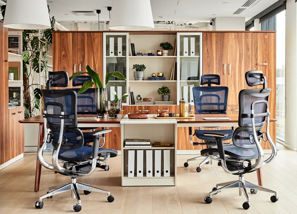 Wysokiej klasy fotel biurowy ergonomiczny ERGO 800-M, tapicerowany tkaniną mesh o jodełkowym splocie, kolory czarny, granatowy, szary. Fotel jest wyposażony w nowoczesne funkcje.