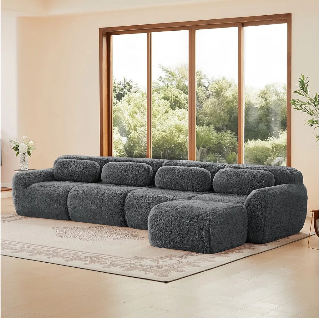 Modułowa Sofa Narożna w tkaninie pluszowej, z pufą i 4 poduszkami, bez stelaża, 378x179x73cm, Szary