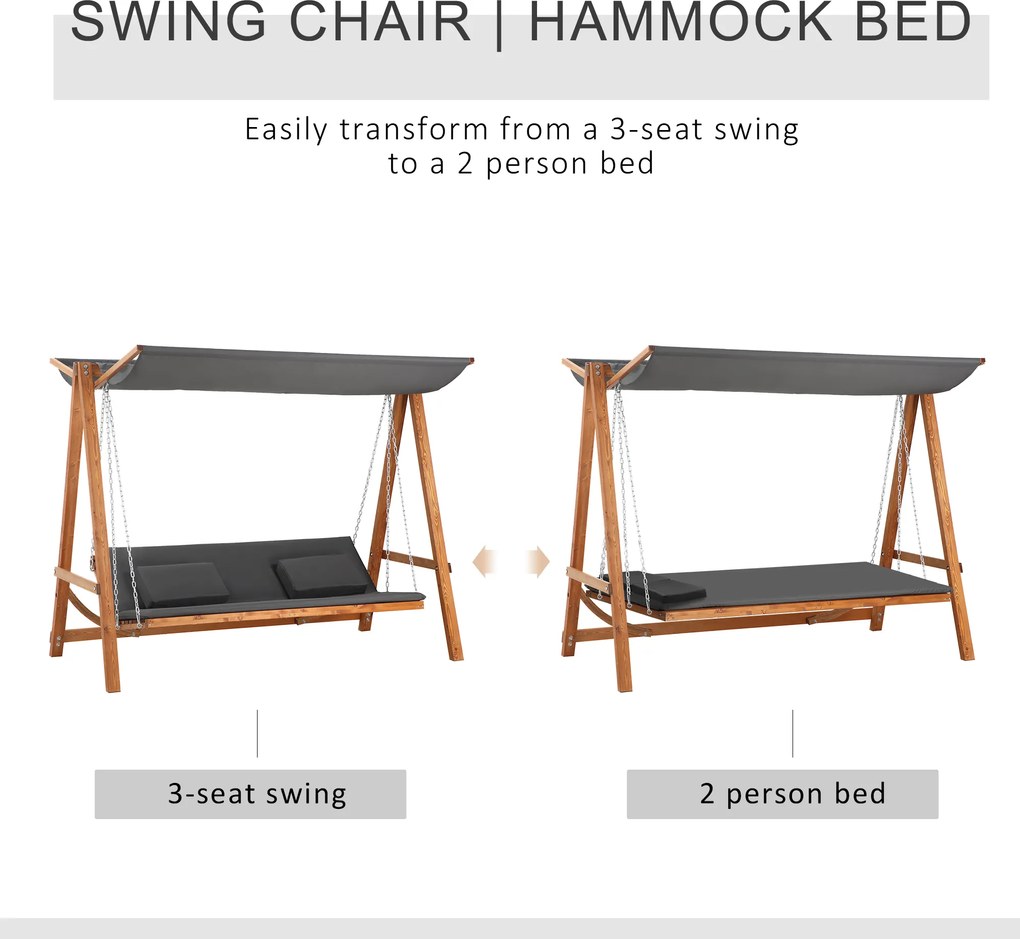 Outsunny Huśtawka Ogrodowa z Funkcją Łóżka 3-osobowa, Huśtawka z Drewna Modrzewiowego z Regulowanym Dachem Przeciwsłonecznym, Ławka Huśtawka Obciążenie 250kg, 225,5 x 113 x 180 cm Szary+Teak | Aosom PL