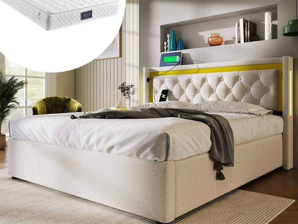 Łóżko ze schowkiem 140 x 200 cm - bawełna - USB Typ C i LED - kolor beżowy + materac