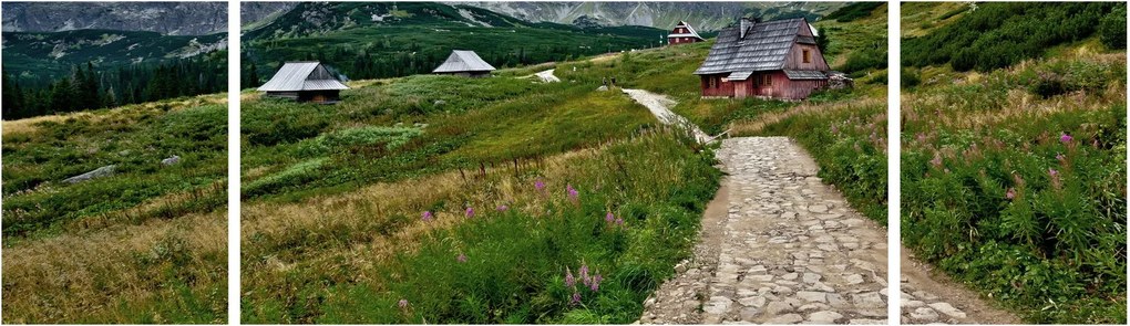 Obraz - Krajobraz górski z domami (170x50 cm)
