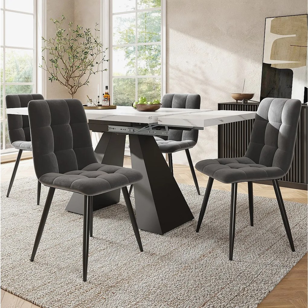 Zestaw obiadowy składający się z pięciu elementów - 1 rozkładany stół + 4 krzesła welurowe - 159 x 80 x 75 cm - płyta MDF + metal - biały + szary
