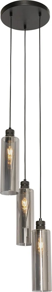 Nowoczesna lampa wisząca czarna z dymionym szkłem 3-światłowa - Stavelot