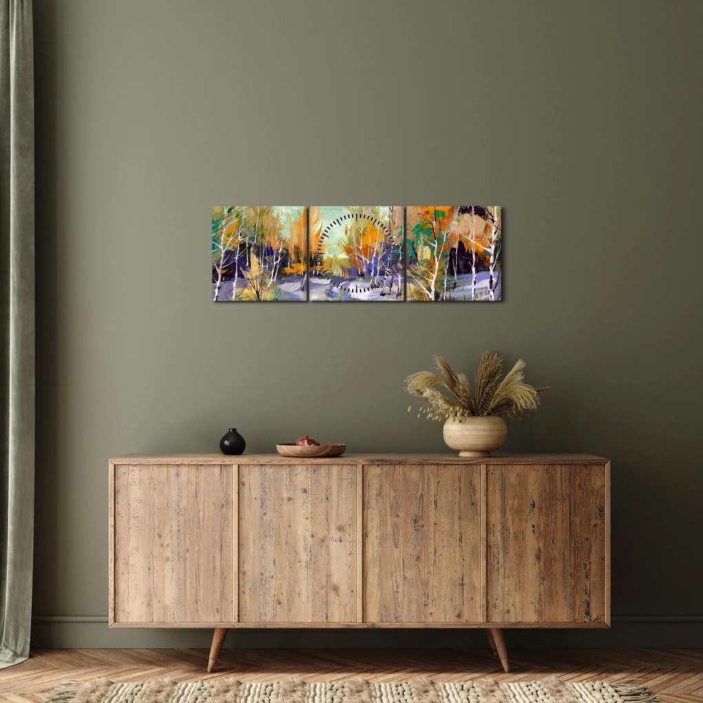 Obraz - Zaśnieżona ścieżka przez las, obraz olejny (z zegarem) (90x30 cm)