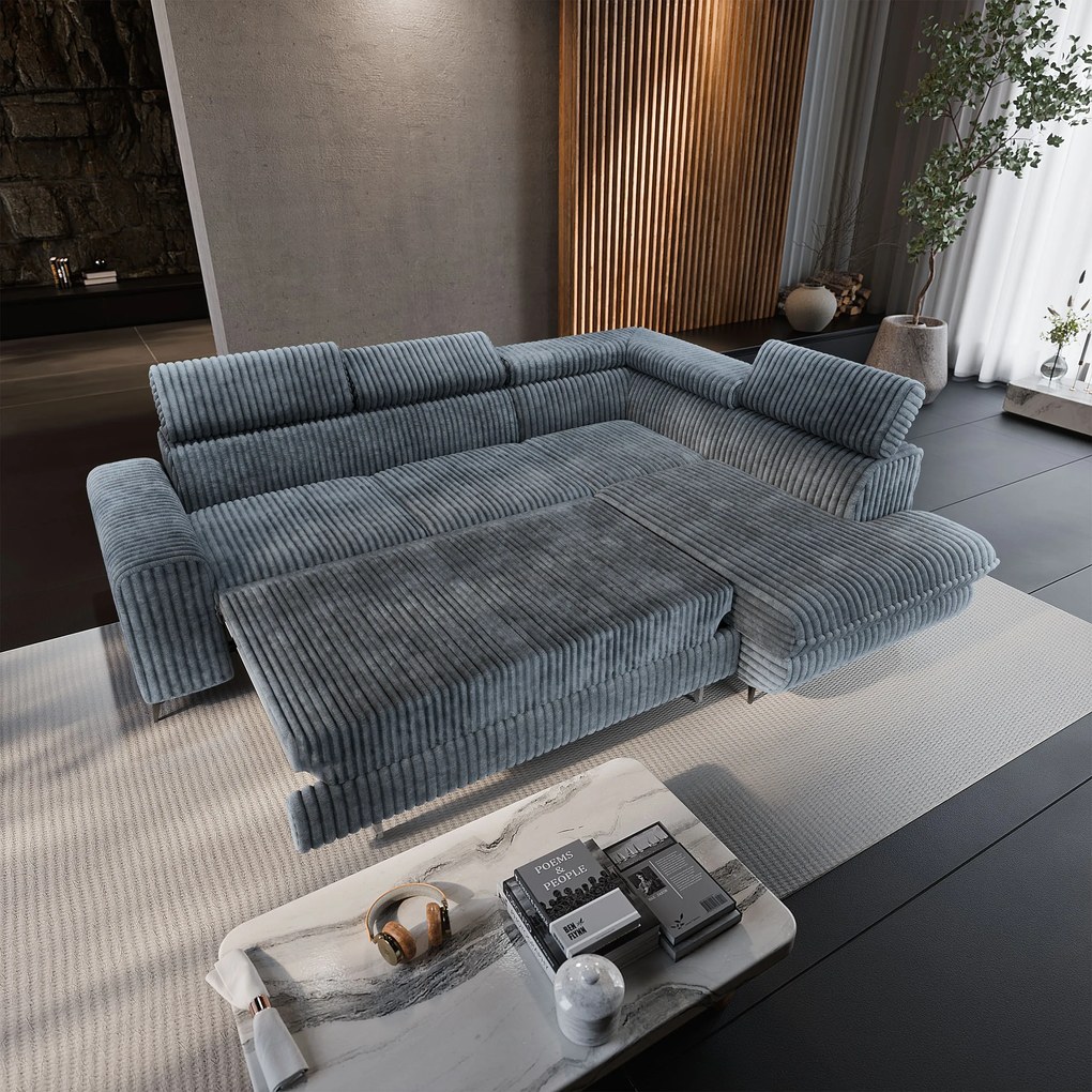 Masseno Narożnik VELISS z funkcją spania i pojemnikiem na pościel Rozkładana sofa do Salonu - Szary, TILIA 85