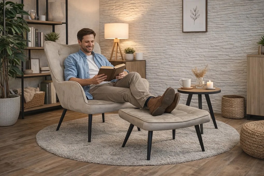Fotel wypoczynkowy RELAX uszak z podnóżkiem : Kolor nogi - Czarna stożek, Kolor tkaniny - VELVET - MG09, Typ tkaniny - Velvet