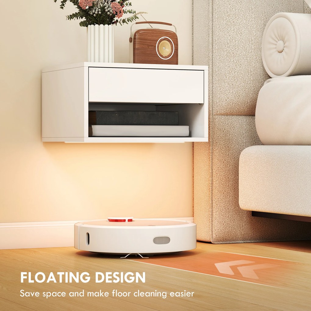 HOMCOM Zestaw stolików nocnych 2 szt. z oświetleniem RGB-LED, unoszący się stolik nocny z szufladą i otwartą półką, biały | Aosom PL