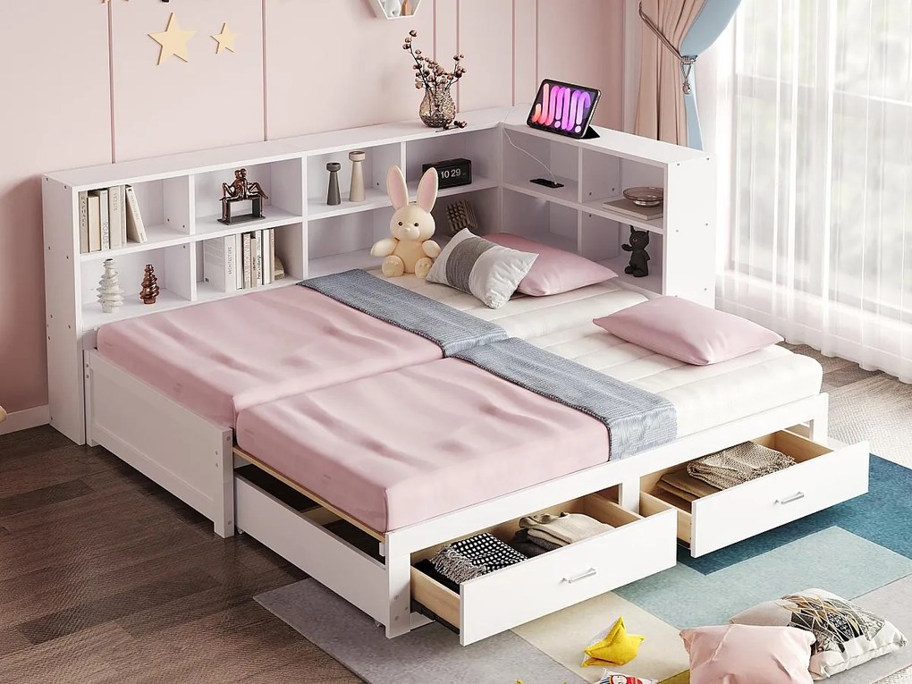 Kanapa rozkładana z litego drewna 90x190 cm - z łóżkiem wysuwanym - z przegródką do przechowywania - z 2 szufladami - biały
