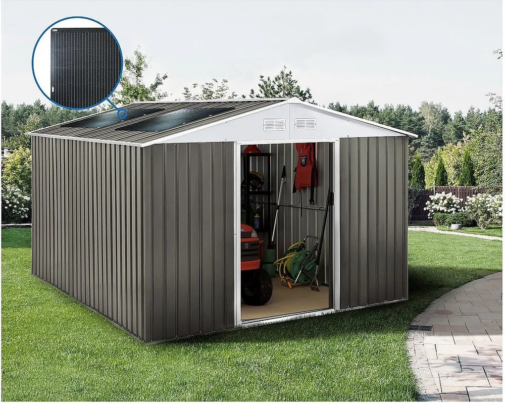 Metalowa szopa ogrodowa "Dallas" - 12,99 m² z panelami słonecznymi - Taupe