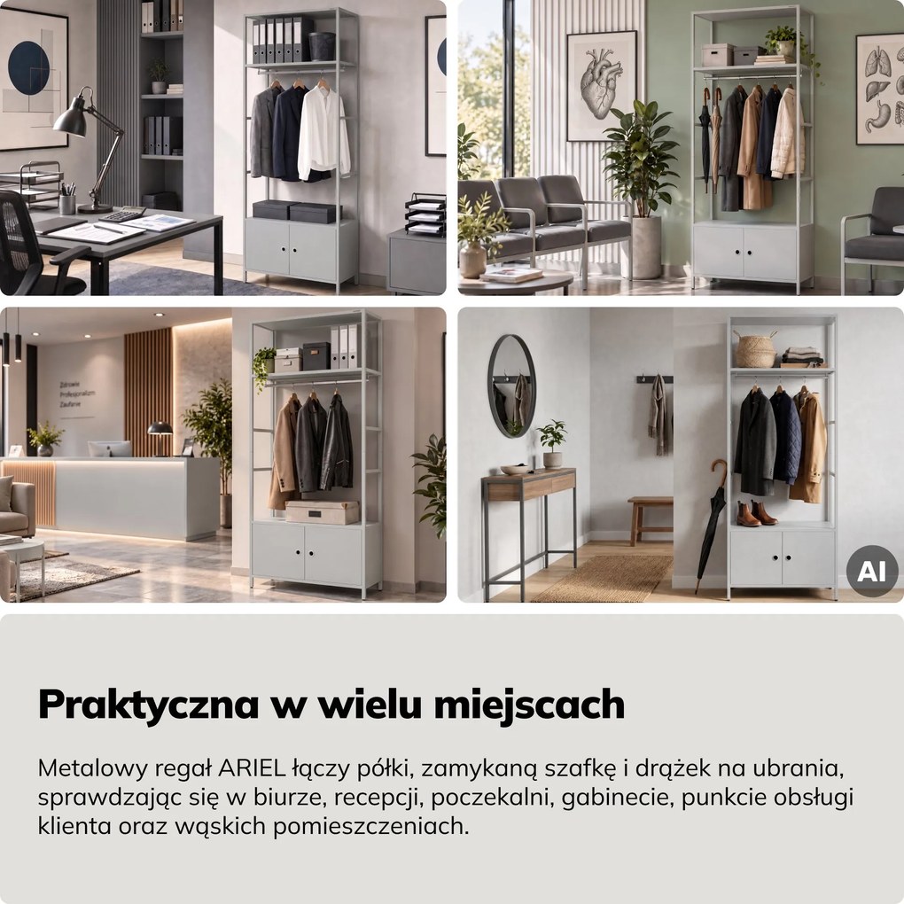 Regał biurowy otwarty z drążkiem na ubrania, do recepcji i poczekalni, metalowy, szary, 800x2200x400 mm: ARIEL