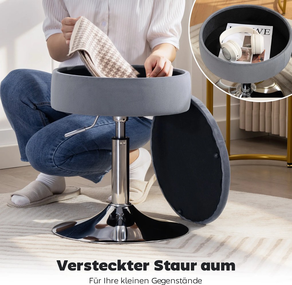 HOMCOM Stołek barowy, stołek bistro ze schowkiem, obrotowe krzesło barowe, regulowany stołek kuchenny z welurowym obiciem, 39x39x65 cm, Szary