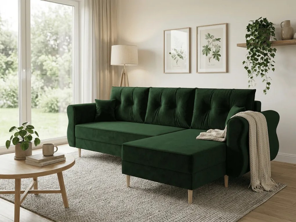 Rozkładana narożna sofa SILVIANO 230x140 cm, ciemnozielona, uniwersalna