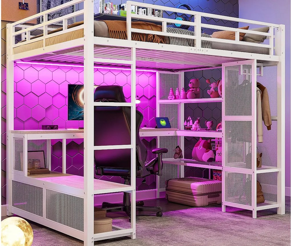 Łóżko na antresoli z metalu 140x200 cm - z biurkiem i półkami - z otwartym wieszakiem - Port USB i oświetlenie LED - Biały​ (bez materaca)