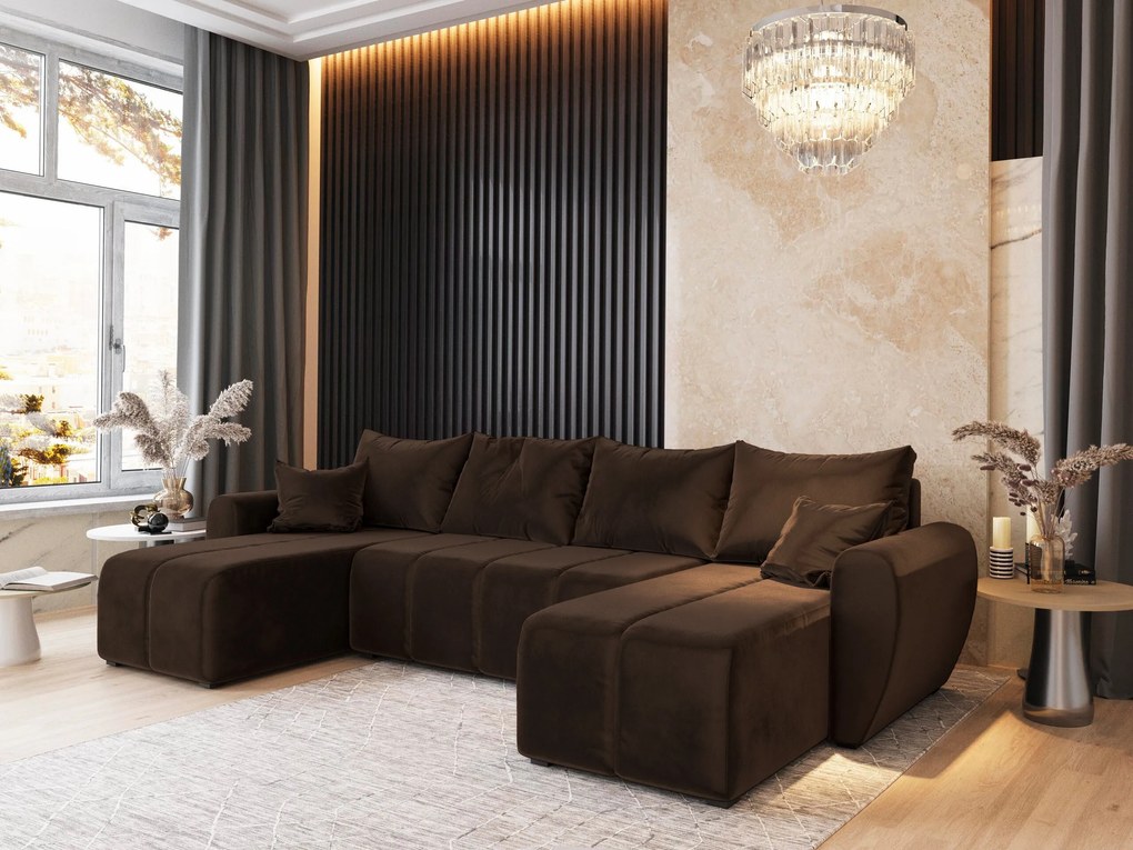 Masseno Narożnik MADISON z funkcją spania i pojemnikiem na pościel Narozniki U, Rozkładana sofa - Brązowy, KRONOS 06