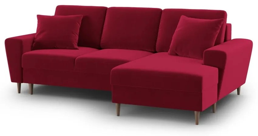 Czerwony aksamitny rozkładany narożnik ze schowkiem (prawostronny/z szezlongiem) Kyoto – Cosmopolitan Design