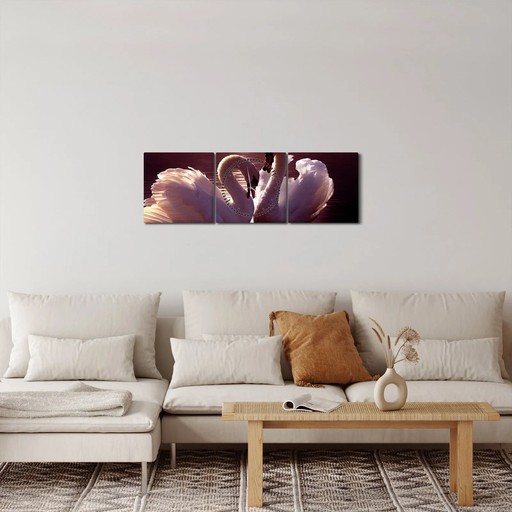 Obraz - Łabędzie na jeziorze (z zegarem) (90x30 cm)