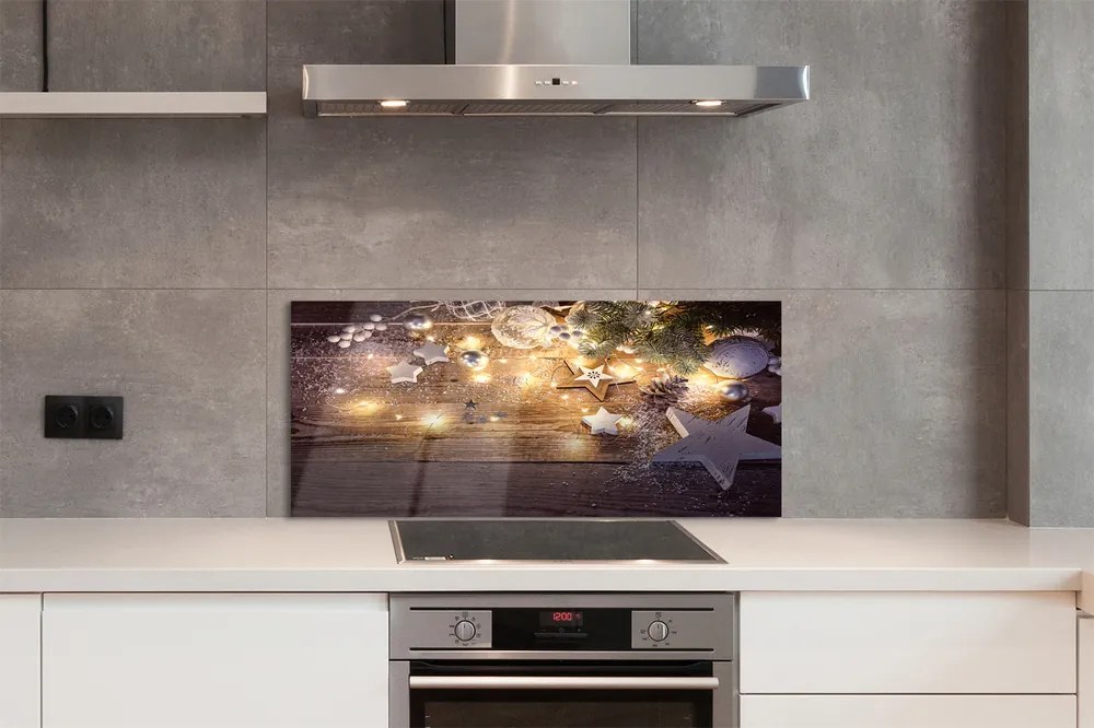 Panel szklany do Kuchni Świąteczny Blask Lampek i Szyszek