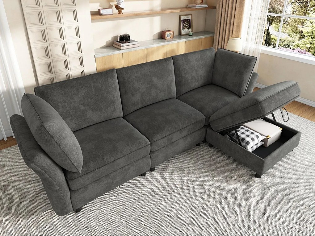 Modułowa sofa narożna 4-osobowa z pufą ze schowkiem, sofa „Efekt Chmury” z miękkiej szenili, ergonomiczny design z 2 poduszkami - szary