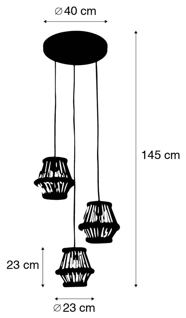 Orientalna lampa wisząca z bambusa z czarnym okrągłym 3-światłem - EvalinKolonialny Oswietlenie wewnetrzne