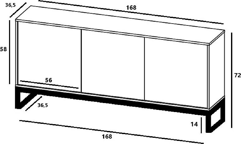 Komoda z 3 drzwiami – Korpus biały mat, ryflowane fronty biały mat – 168 cm, czarna metalowa rama