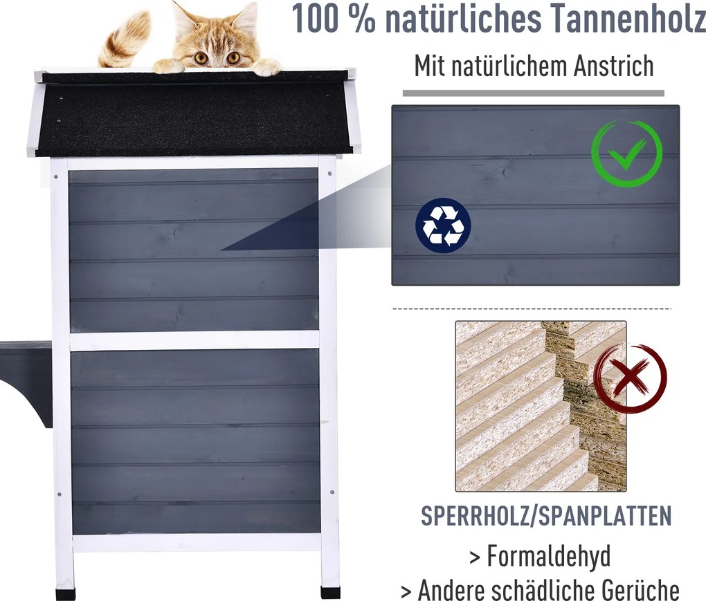 Pawhut Domek dla Kota Ogrodowy 2-poziomowy Dach Asfaltowy Drewno Szary Przestronny | Aosom PL