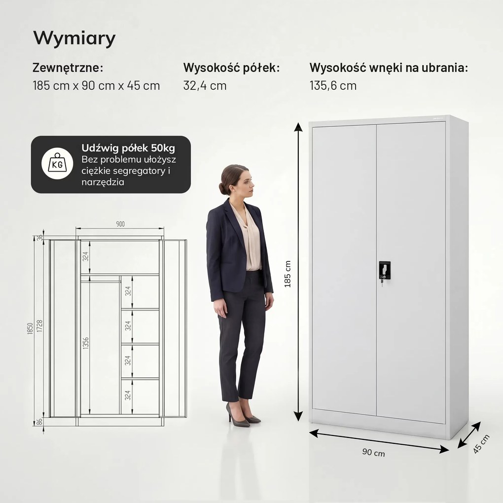Szafa metalowa wielofunkcyjna zamykana: DAWID 900 x 1850 x 450 mm, szara
