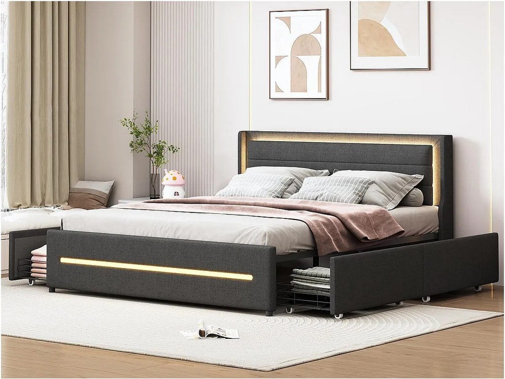 Łóżko podwójne tapicerowane 140x200cm z lnu - z 4 szufladami i oświetleniem LED - z stelażem na listwy - Szare