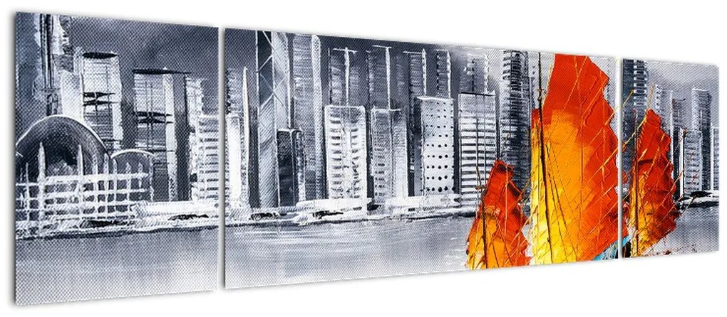 Obraz - Victoria Harbor, Hongkong, czarno-biały obraz olejny (170x50 cm)