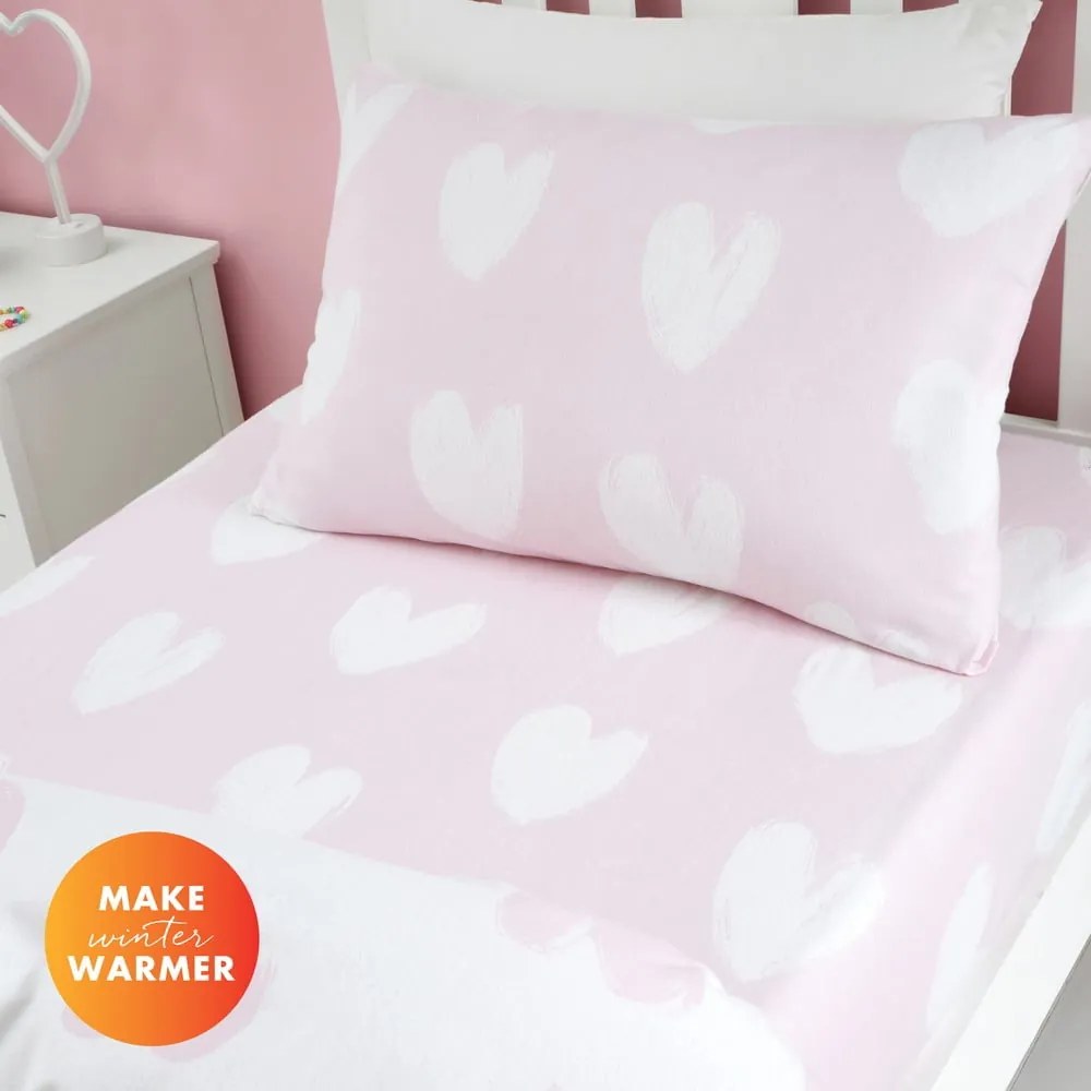 Różowe flanelowe prześcieradło dziecięce dwuosobowe z gumką 135x190 cm Hearts – Catherine Lansfield