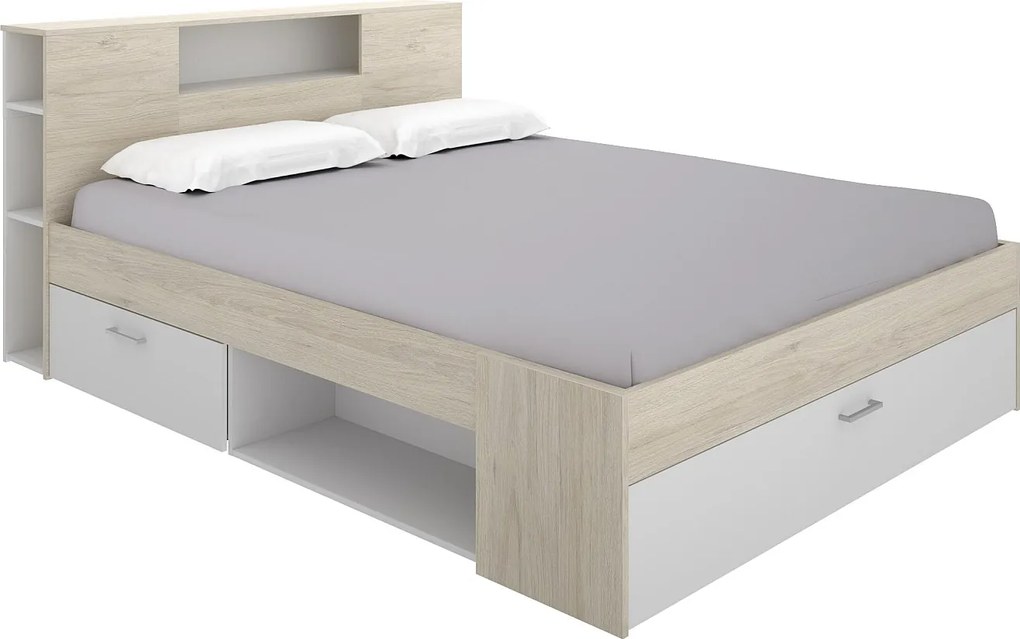 Łóżko z zagłówkiem, schowkami i szufladą - 180 x 200 cm - Naturalny i biały - LEANDRE