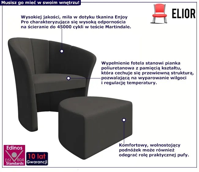 Grafitowy stylowy fotel z podnóżkiem wolnostojącym K9-E60
