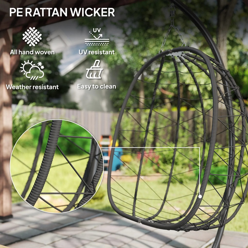 Outsunny Fotel wiszący zewnętrzny Fotel wiszący Egg Chair, odporny na warunki atmosferyczne, w tym poduszki, 102 cm x 102 cm x 195 cm, Ciemnoszary