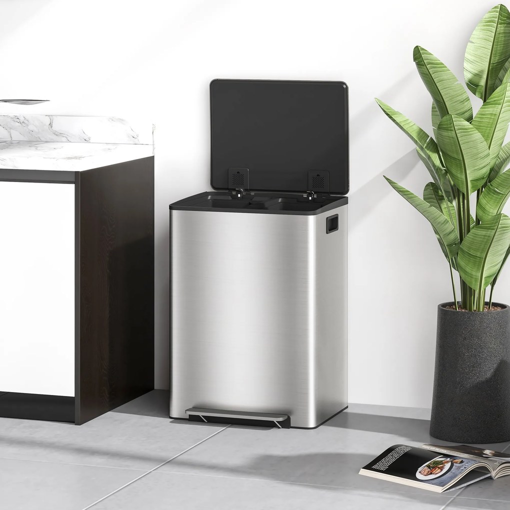 HOMCOM Kosz na śmieci z 2x30 l komorami, pokrywa Soft-Close, odporny na odciski, stal nierdzewna, srebrny | Aosom PL