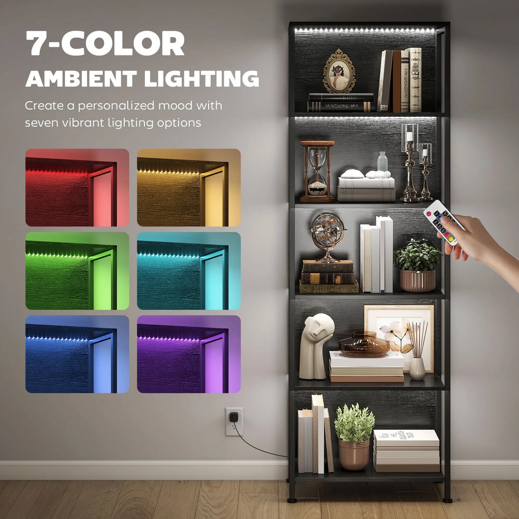 HOMCOM Regał z 5 półkami z LED, 7 kolorów światła, do salonu, 60 x 30 x 179 cm, czarny | Aosom PL