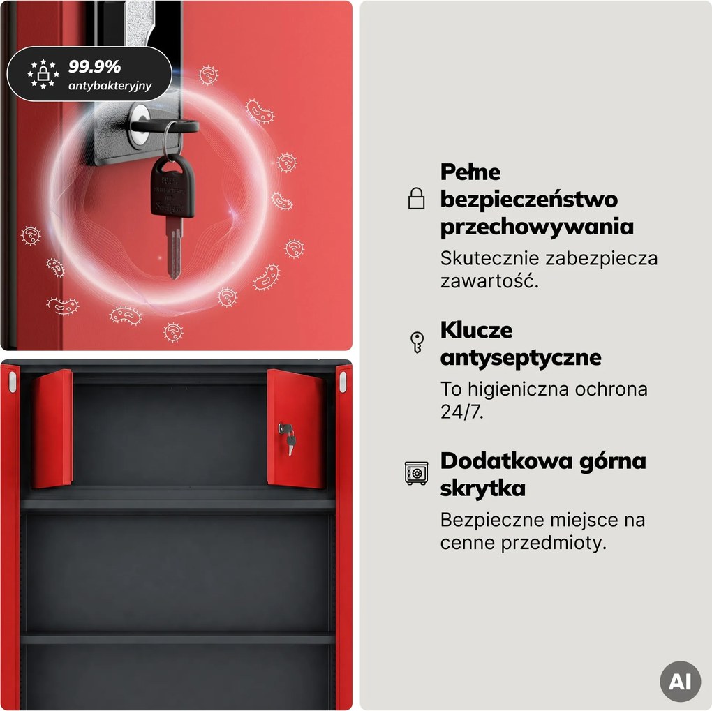 Szafa metalowa ze schowkiem antracytowo-czerwona, 900x1850x450 mm: TOMASZ