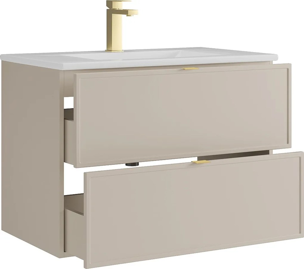 Wisząca szafka łazienkowa z wpuszczaną umywalką i baterią – Beżowa – 80 cm – ONDIL